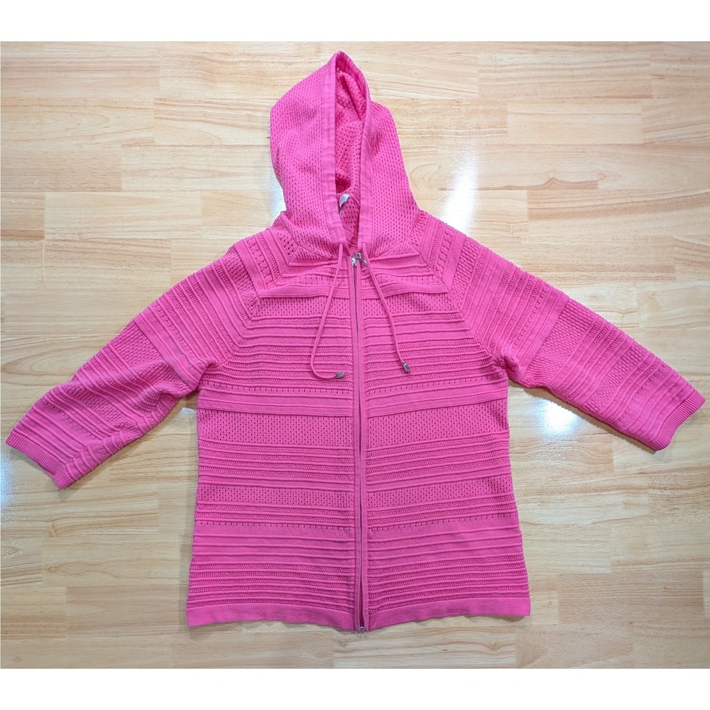 Christopher & Banks Pink Pointelle Knit Full Zip Hooded Sweater 100% Cotton L